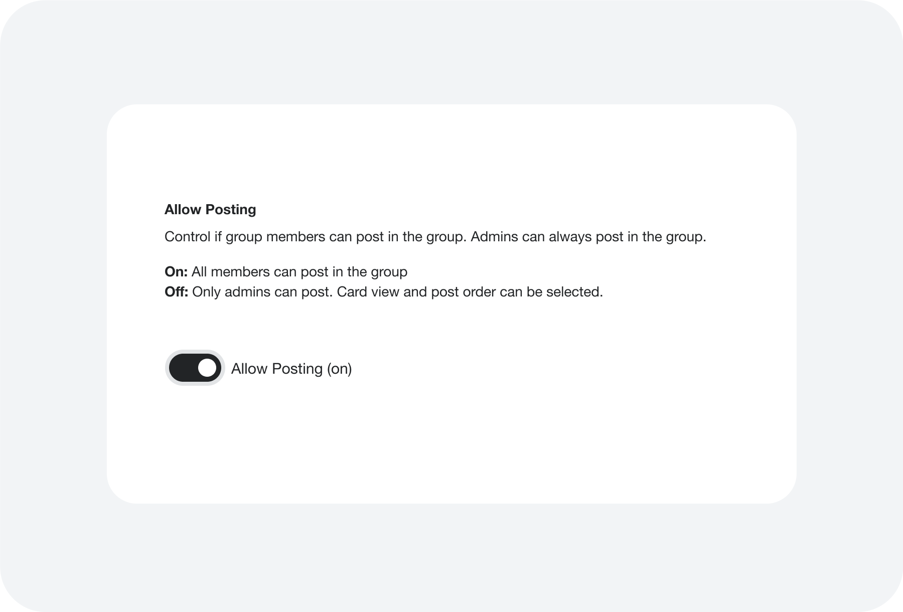 Control Center group Settings showing the Allow Posting control and posting-permission explanation.